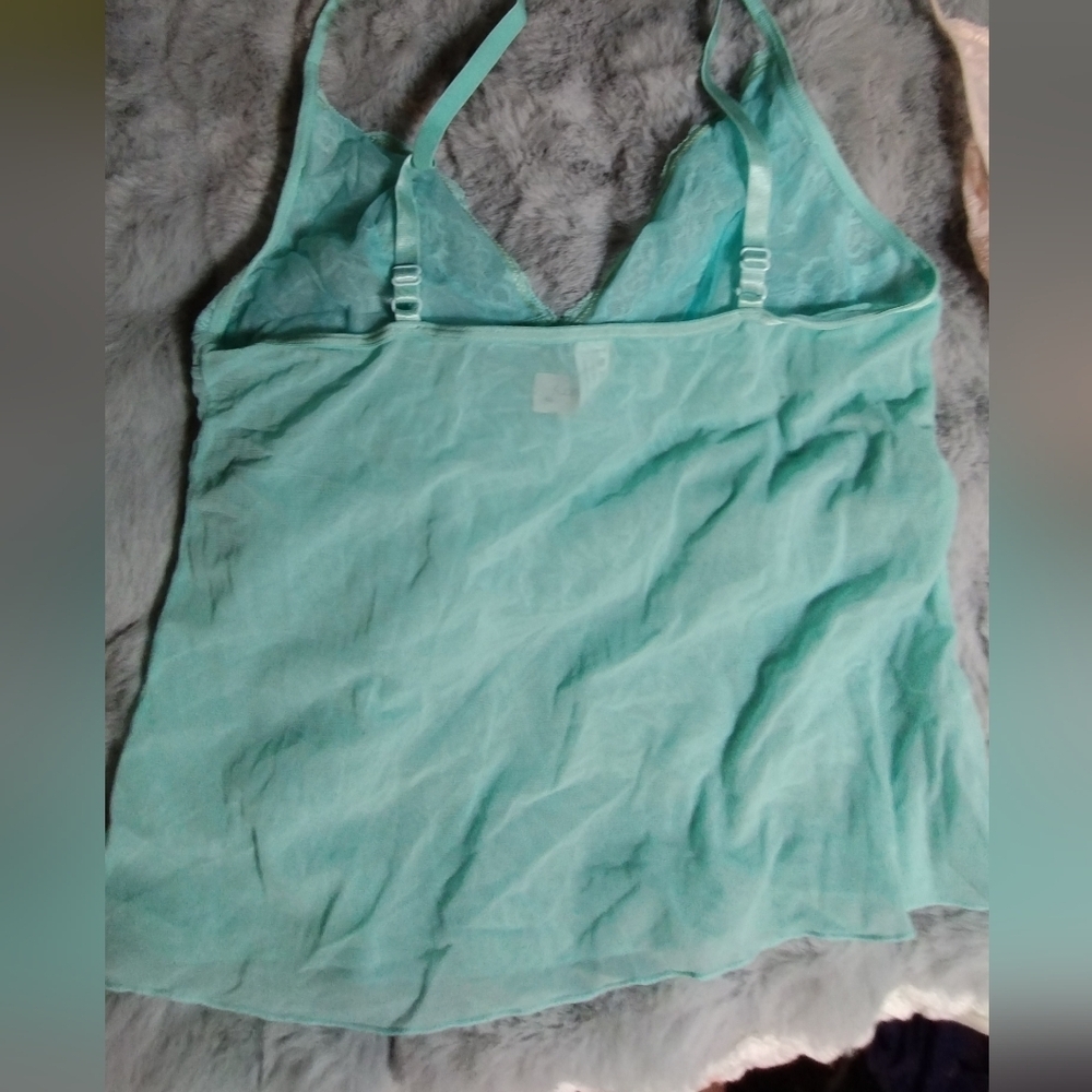 Elegant Lace Sheer Pink And Teal Tanks Preloved Sz L Cropped Fit US M